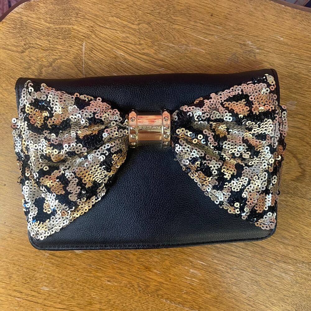 Betsey Johnson Leopard Print Sequin Bow Clutch Wallet Magnetic Close Black Gold